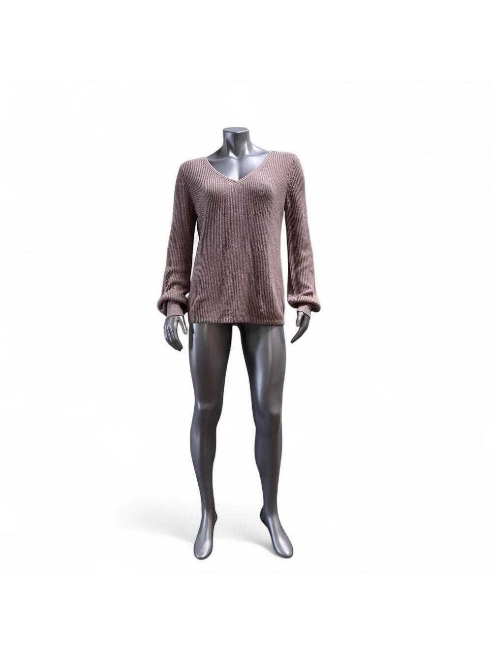 Express Brown Ribbed Knit V-Neck Sweater with Balloon Sleeves, Size Large